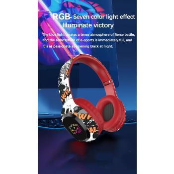 Wireless Over-Ear Headphones with Graffiti Design - Bluetooth 5.3, HIFI Sound, RGB Light, 8H Playtime(pink)