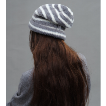 Trendy Dual-Tone Striped Beanie - Soft Plush Knit, Versatile Winter Cap (Gray and white)