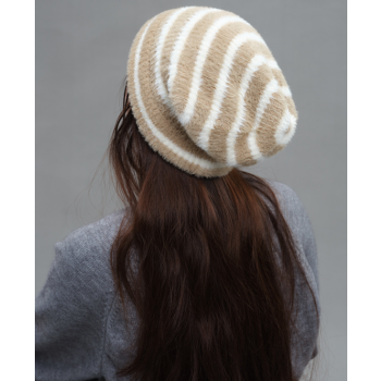 Trendy Dual-Tone Striped Beanie - Soft Plush Knit, Versatile Winter Cap (Khaki and white)