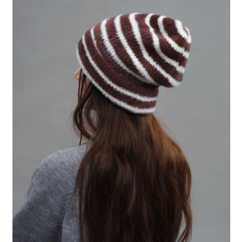 Trendy Dual-Tone Striped Beanie - Soft Plush Knit, Versatile Winter Cap (Brown and white)