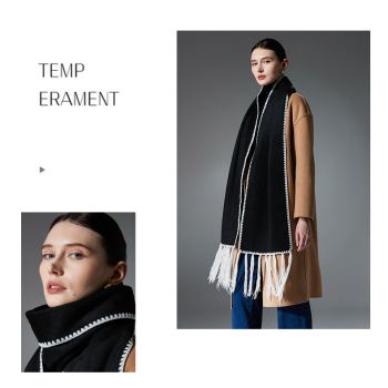 Black Contrast Edge & Tassel Scarf - Chic Autumn/Winter Neckwear (190x30cm)