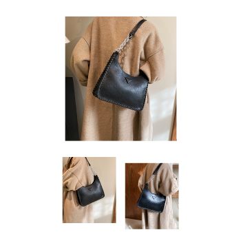 Black Chic PU Leather Shoulder Bag with Chain Strap & Whipstitch Detail