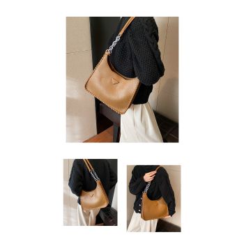 Brown Chic PU Leather Shoulder Bag with Chain Strap & Whipstitch Detail