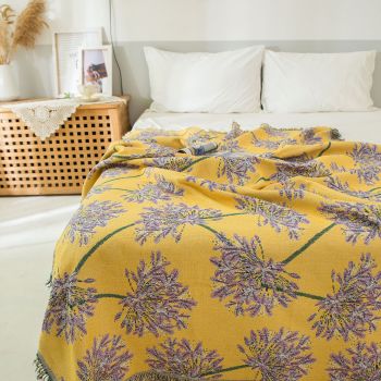 Yellow & Purple  Floral Woven Throw Blanket -  Chic Botanical Print with Tassels, Cotton Blend Sofa & Bed Cover