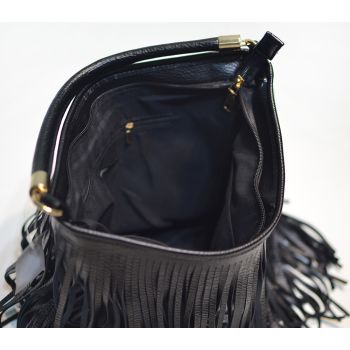Chic Black Double Fringe Hobo Bag - Convertible Microfiber Leather Shoulder & Crossbody Purse