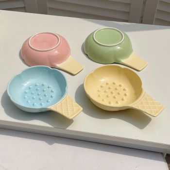 2 Pcs Blue and Yellow Adorable Ice Cream Cone Ceramic Slow Feeder Pet Bowl - Fun Anti-Gulp Design for Cats & Dogs