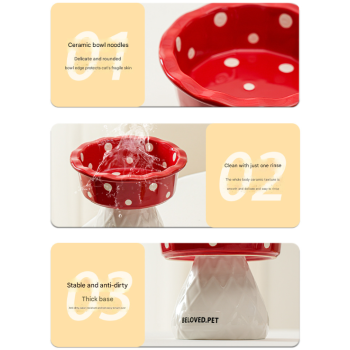 Red Adorable Mushroom Ceramic Elevated Cat Bowl - Anti-Vomiting & Spine Protecting Pet Feeder with Polka Dots