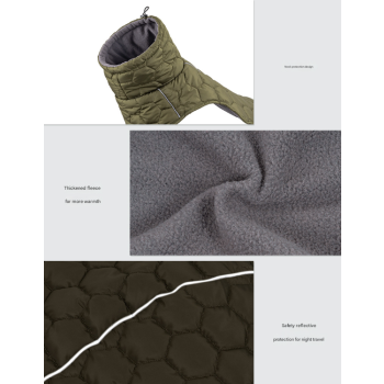 Size L Olive Green Warm Quilted Dog Winter Coat - Adjustable Fleece-Lined Puffer Vest with Reflective Trim & Leash Port