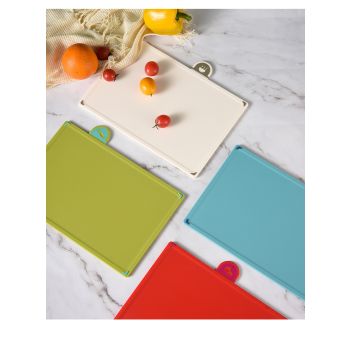Coloerful 4-Piece Colour-Coded Index Cutting Board Set with Storage Stand - Food-Safe PP, Non-Slip, Easy Clean Kitchen Chopping Boards