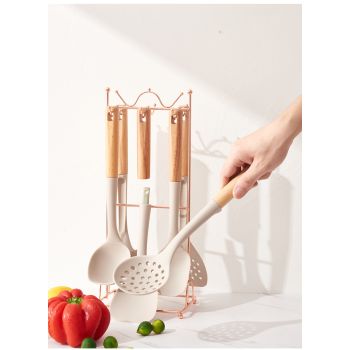 Black Elegant 7-Piece Silicone Kitchen Utensil Set with Wooden Handles & Rose Gold Stand - Non-Stick Cookware Safe