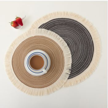 Beige Chic Round Woven Placemats with Tassel Fringe - Set of 4, Cotton Ramie Blend, Heat Resistant Table Mats