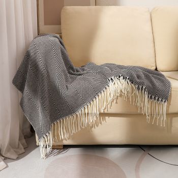 Black Elegant Herringbone Tassel Throw Blanket - Large Acrylic Faux Cashmere Soft Cozy Blanket for Sofa, Bed & Decor (130x240cm)