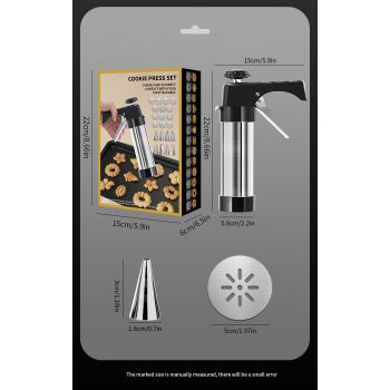 Silver and Black Stainless Steel Cookie Press Gun Kit - Biscuit Maker & Icing Decorating Set with 13 Discs & 8 Nozzles