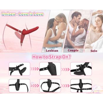 Red Versatile Unisex Dual-Ended Silicone Strap-On Dildo with Adjustable Leather Harness for Couples & Solo Play