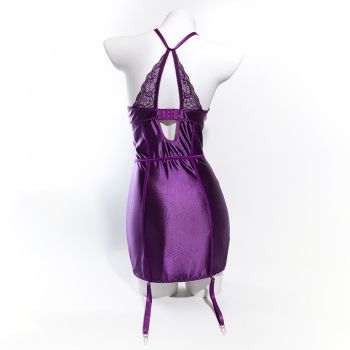 Size S Seductive Purple Lace & Satin Corset Lingerie Dress - Strapless Bustier with Halter Neck & Garters
