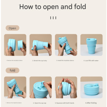 2 Pcs Light Blue 350ml Collapsible Silicone Travel Cup - Portable, Leak-Proof & Food-Grade Drinking Mug with Lid, Insulating Sleeve & Straw