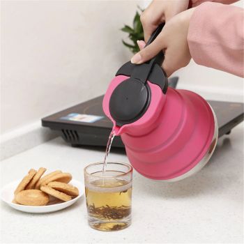 Rose Red 1.5L Collapsible Silicone Camping Kettle - Portable Foldable Travel Water Boiler, Stainless Steel Base