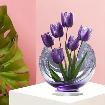 2 Pcs Charming Purple Tulip 2D Acrylic Ornament - Flat Floral Tabletop Art Decor Accent