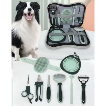 Grey and Green Complete 8-Piece Pet Grooming Kit - Essential Dog & Cat Care Tools with Brushes, Nail Clippers, Scissors & Portable Case
