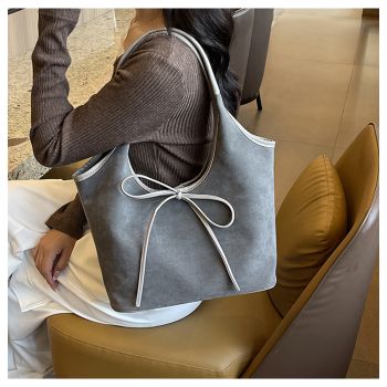 Grey Chic Retro Suede-Finish PU Leather Tote Bag - Large Capacity Shoulder Bag with Tie Accent