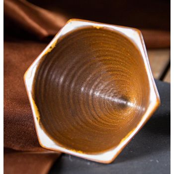 Blue and Brown Artistic Hexagonal Ceramic Coffee Cup & Stand Set - 180ml Nordic Design Drip Glaze Mug