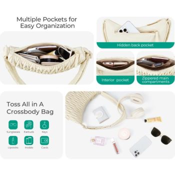 Brown Chic Pleated Crescent Sling Bag - Water-Resistant Lightweight Crossbody & Shoulder Purse