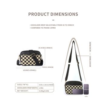 Black Stylish Checkerboard Crossbody Camera Bag - PU Leather with Adjustable Wide Strap