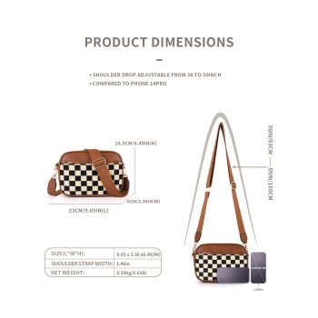 Brown Stylish Checkerboard Crossbody Camera Bag - PU Leather with Adjustable Wide Strap