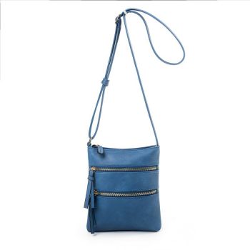 Dark Blue Compact Women's Crossbody Bag - Adjustable Strap, Double Zipper Closure, 18x21cm Lightweight PU Leather Shoulder Bag