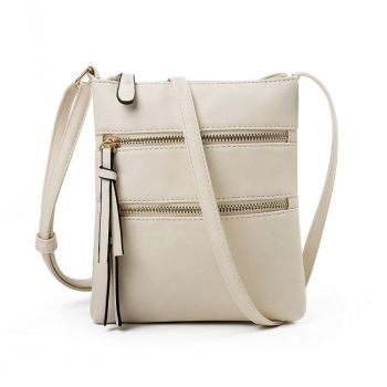 Beige Compact Women's Crossbody Bag - Adjustable Strap, Double Zipper Closure, 18x21cm Lightweight PU Leather Shoulder Bag