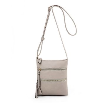 Grey Compact Women's Crossbody Bag - Adjustable Strap, Double Zipper Closure, 18x21cm Lightweight PU Leather Shoulder Bag
