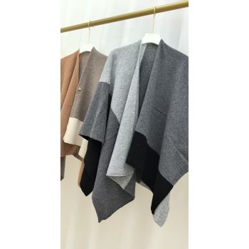 Grey Pure Wool Extra Large Shawl Scarf Color Block Multi-functional Warm Cashmere Cape Poncho