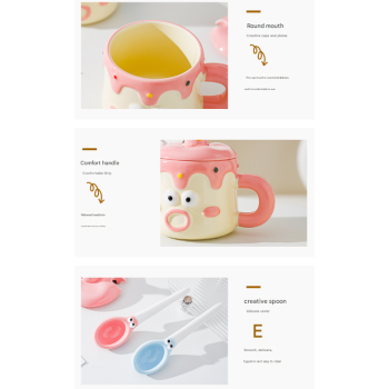 Blue Adorable Cartoon Character Ceramic Mug Set - 420ml with Fun Cake Design Lid & Matching Spoon - Perfect Gift