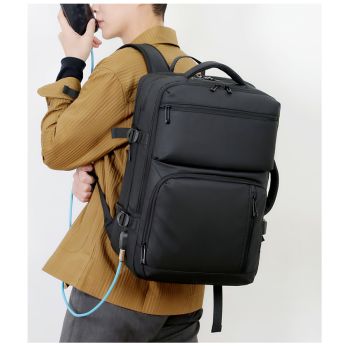 Black Expandable Business Travel Backpack with USB Charging Port - Water-Resistant Laptop Bag for Commuting & Carry-On