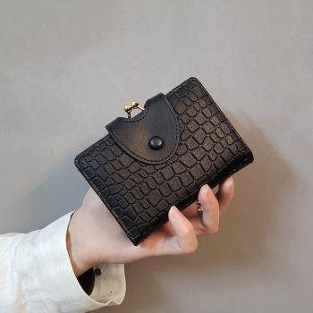 Black Elegant Croc Embossed Womens Wallet - Short PU Leather Bifold with Removable Kisslock Coin Purse & Card Holder
