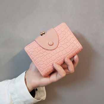 Pink Elegant Croc Embossed Womens Wallet - Short PU Leather Bifold with Removable Kisslock Coin Purse & Card Holder