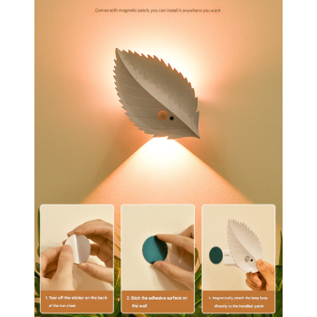 White RGB Color-Changing Leaf LED Night Light - Wireless Motion Sensor Wall Lamp with Remote Control for Ambiance Lighting