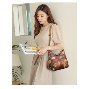 Colorful Vintage Geometric Patchwork Crossbody Bag - Women's Multi-Pocket PU Leather Shoulder Purse
