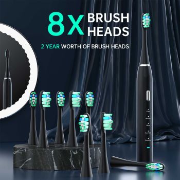 White Sonic Rechargeable Electric Toothbrush with 8 Heads & Travel Case - 5 Brushing Modes & Smart Timer(USB)
