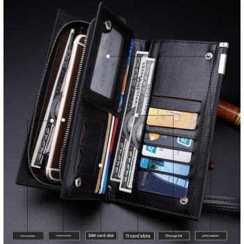 Brown Men's Business Casual Long Wallet Clutch - PU Leather Large Capacity Phone & Card Holder with Wrist Strap