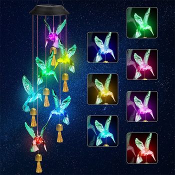 Green Solar Powered Hummingbird Wind Chime(With bell) - Color-Changing LED Hanging Garden Light Outdoor Decor
