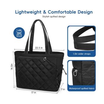 Black Large Quilted Tennis Tote Bag with Shoe Compartment - Waterproof Lightweight for Men and Women