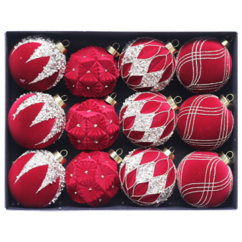 Red 12-Piece 8cm Christmas Bauble Set - Colorful Flocked Tree Ornaments