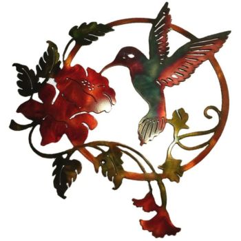 Red Set of 2 Round Metal Wall Art - Hummingbird & Flower Sculpture for Indoor & Outdoor Decor