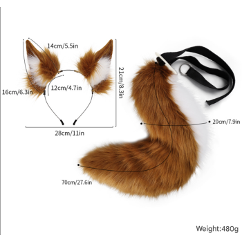 Brown Plush Faux Fur Fox Ears Headband and Tail Set - Realistic Animal Costume for Cosplay & Parties