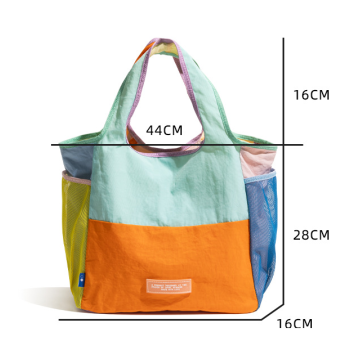 Green Vibrant Colorblock Foldable Tote Bag Lightweight Reusable Shopping Shoulder Bag
