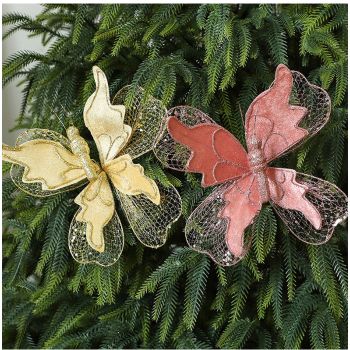 Red Large Glitter Butterfly Christmas Ornaments (Set of 2) - Clip-On Decorations for Trees & Wreaths