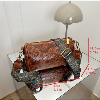 Red Vintage Embossed Crossbody Barrel Bag with Wide Adjustable Guitar Strap