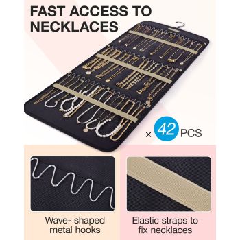 Black Hanging Jewelry Organizer - Closet Storage for Necklaces, Earrings, and Rings with Clear Pockets(14*33inch)