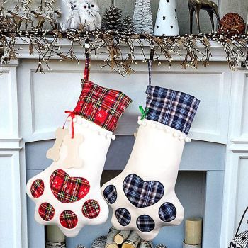 Red Large Plaid Dog Paw Christmas Stocking - Festive Fireplace Decor for Pet Lovers